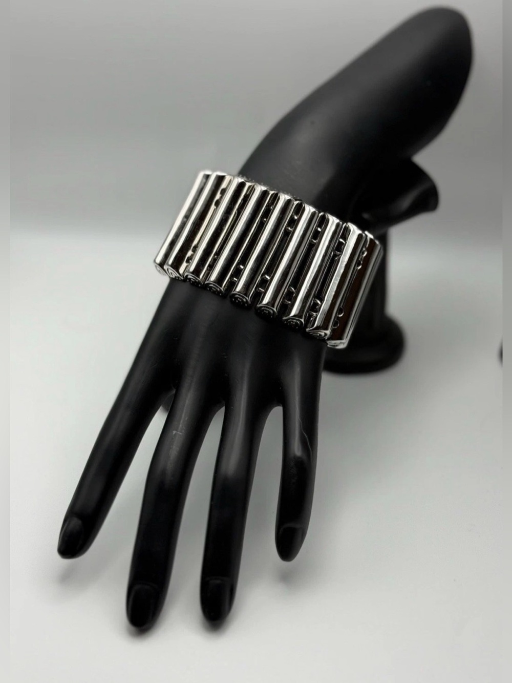 Vintage Modernist Bracelet Rachel Zoe Silver-Tone Rouleaux Column Link Panel